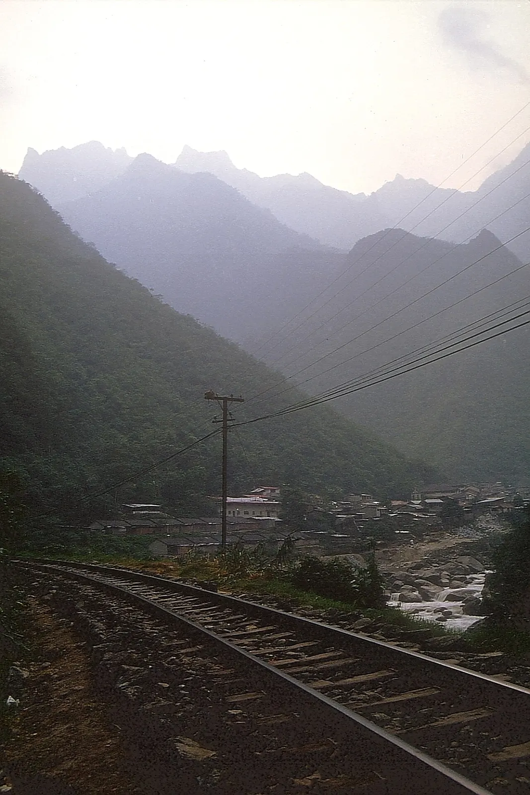 The town of Aguas Calientes in its steep cloud-forest gorge, railway and the Urubamba running through it