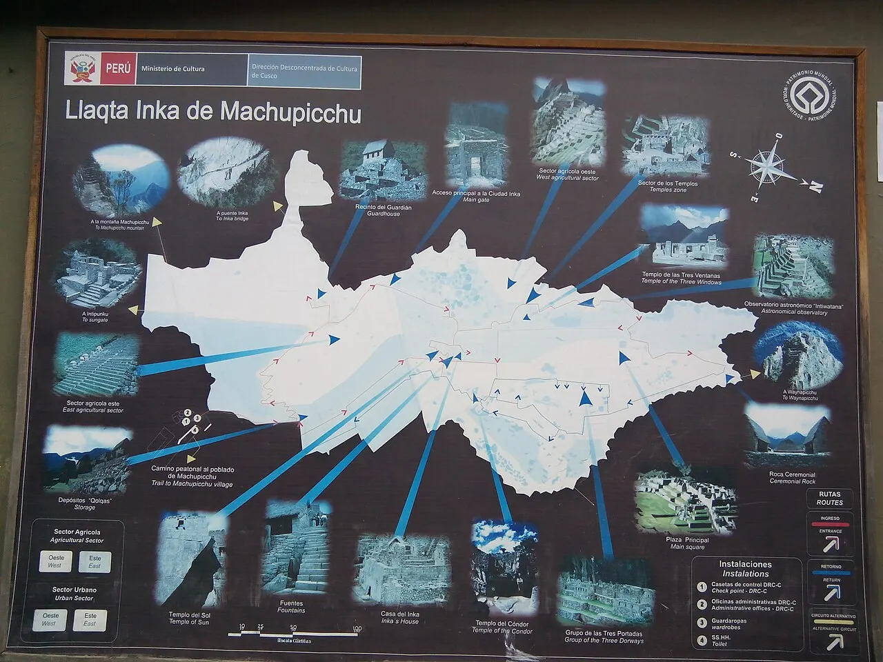 Official site-map board of Machu Picchu with the citadel layout, routes and key monuments labelled