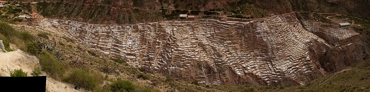 Panorama of the thousands of Maras salt pans cascading down the Sacred Valley hillside