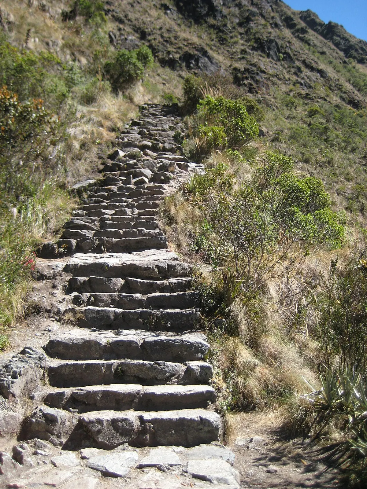 Steep stone Inca stairway climbing the mountainside up to Machu Picchu