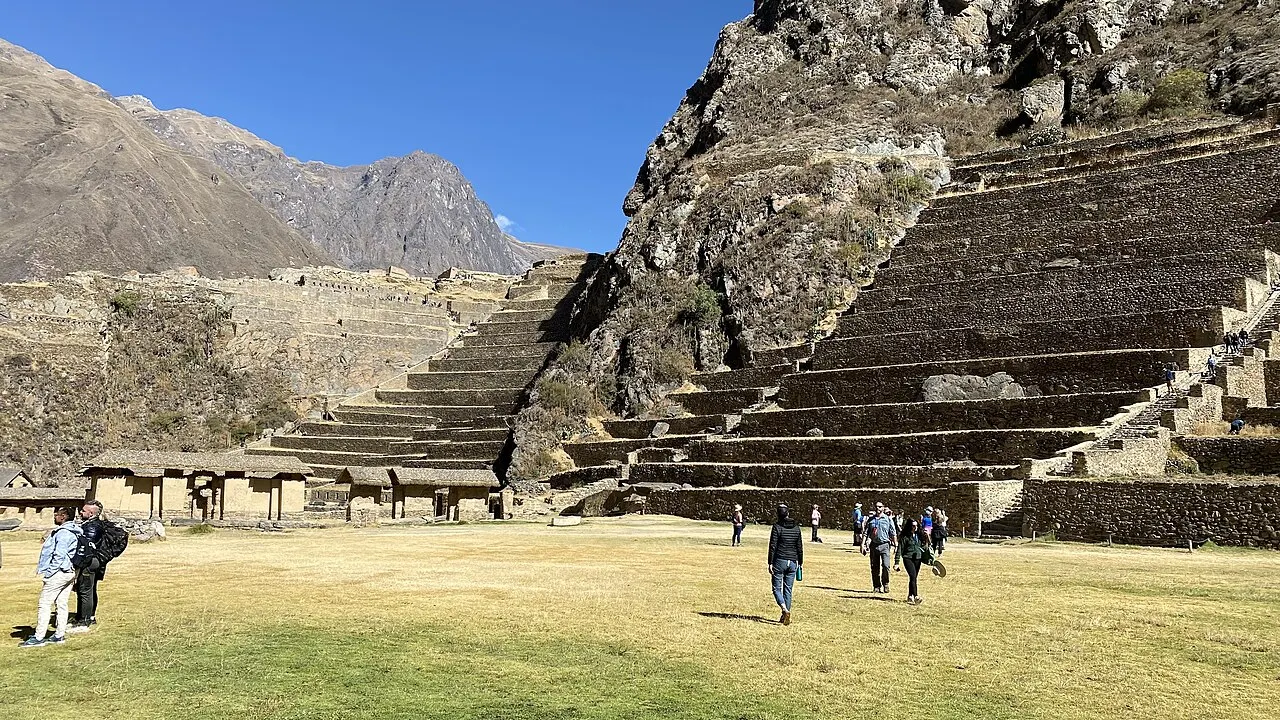 The terraced Inca fortress of Ollantaytambo rising above the Sacred Valley town
